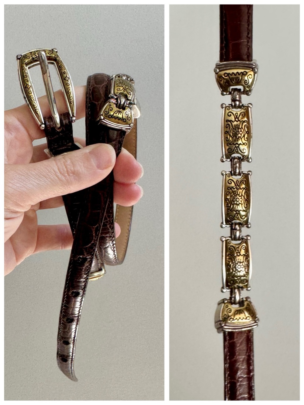 Brighton Western Brown Leather Croc-Embossed Concho Belt, Silver & Gold sz. 32 - Picture 2 of 16